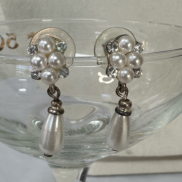 Dainty drop pear bead dangle earrings rhinestones - Picture 3 of 7